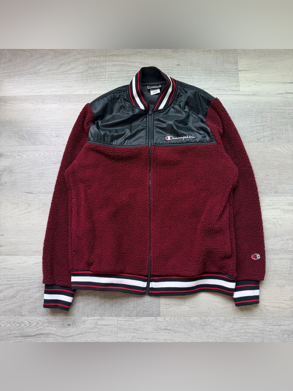 Champion Burgundy and Black Sherpa Bomber Jacket